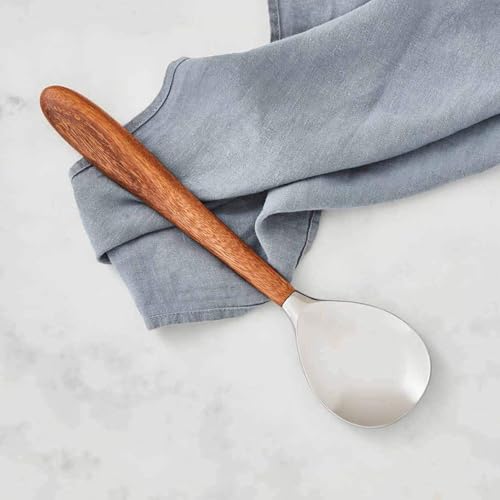 nambe Curvo Serving Spoon | 13 Inch Serving Spoon for Buffets, Salads, and Dinner Parties | Made of Stainless Steel and Acacia Wood | Designed by Steve Cozzolino