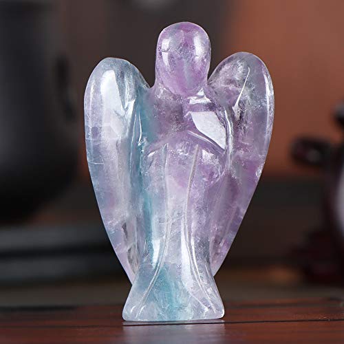 Artistone Rainbow Fluorite Crystal Angel Figurines Healing Crystals Natural Pocket Guardian Angel Statue Stone Decor Handcraft with Gift Box