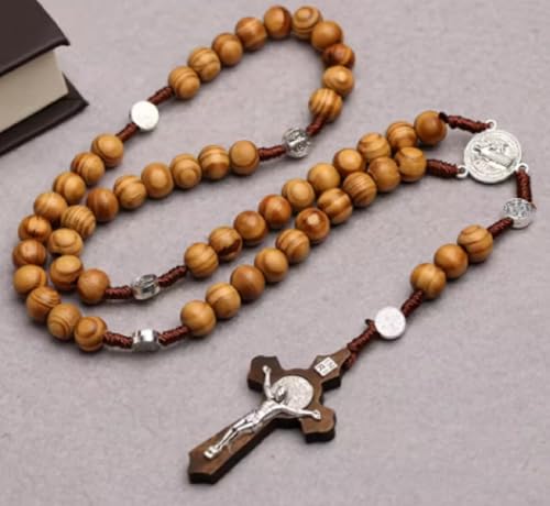 Rosary Beads with Jesus Christ on Cross St Saint Brigid Pendant Necklace Wooden Style Beads v3