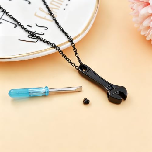 Wrench Cremation Jewelry for Ashes Stainless Steel Tool Urn Pendant Locket for Men Women Spanner Keepsake Memorial Necklace for Human Ashes Holder black