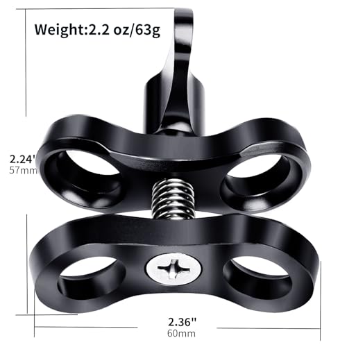 2-Hole 1" Aluminum Underwater Camera Clamp Ball Mount (2-Pack) - Underwater Bracket for Diving Light Arms & Camera Trays, Saltwater-Resistant Adapter for Scuba Photography/Videography Gear Double Holes Black