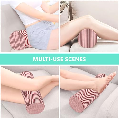 Red White Stripes Neck Roll Pillow - Extra Dense Memory Foam Round Cylinder Bolster for Cervical Support, Spondylosis, Neck Pain Relief Red Stripes