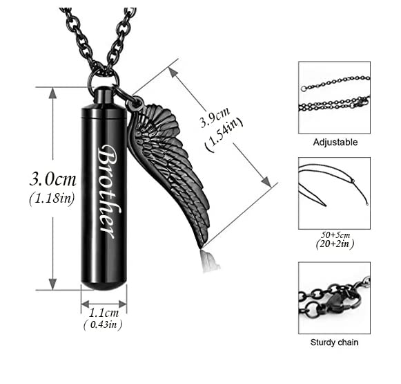 Black Bullet Urn Necklaces for Ashes Angel Wing Charm Cremation Jewelry Stainless Steel Keepsake Memorial Pendant Brother