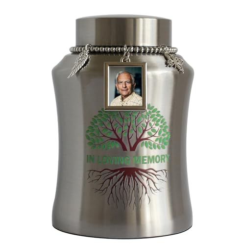 Medium Urn for Human Ashes with Picture Frame Stainless Steel Tree of Life Cremation Big Urn Decorative Memorial Funeral Burial Urn for Ashes Dad Mom Male Female Keepsake Small urn for Human