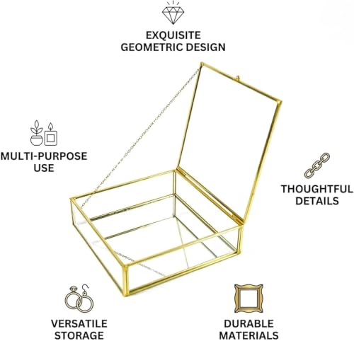 ZMG Vintage Glass Keepsake Box Gold Jewelry Display Case With Chain Lid Square Mirror