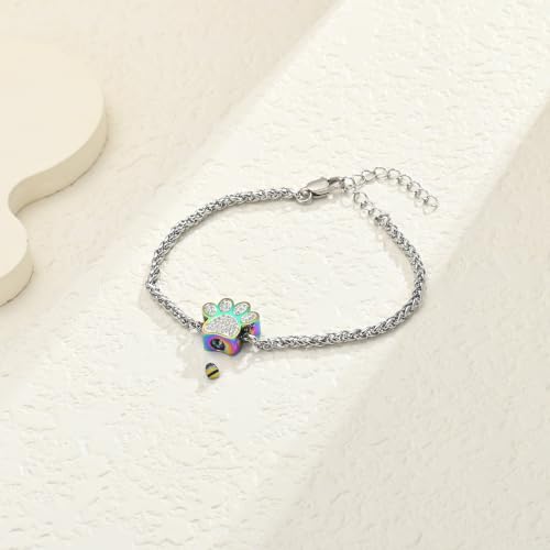 Paw Print Urn Bracelet for Ashes Dog/Cat Stainless Steel Cremation Jewelry Memorial Keepsake Adjustable Bracelets for Ash Holder Colorful