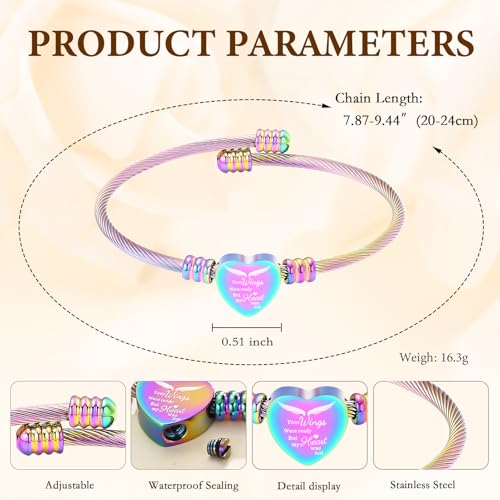 Cremation Jewelry Wing Heart Urn Bracelet for Human Ashes for Women Men Memorial Keepsake Cuff Bangle Bracelet Rainbow