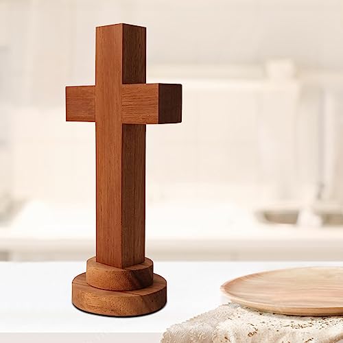 Attivolife Wood Cross Statue with Stand - Spiritual Christian Jesus Holy Cross, Religious Gift for Catholic Easter and Christmas, Wall Table Church Decoration for Home Room (5.5'' x 2.55'')
