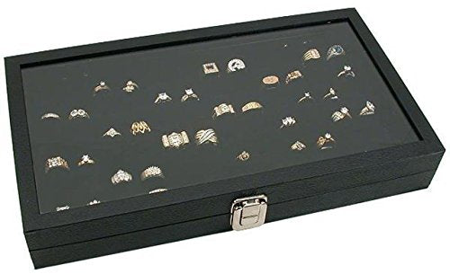 RJ Displays Glass Top Black Jewelry Display Case with 72 Slot Rings Tray. Comes with Free Jewelry Polishing Cloth