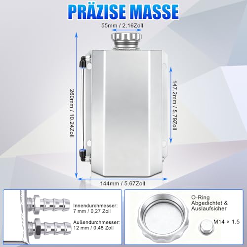 2L Aluminium Expansion Tank Coolant Overflow Tank - Universal Radiator Water Box, with Magnetic Drain Valve, Viewing Hose & High Temperature Resistant, Ideal for Vehicle Tuning 2L silver