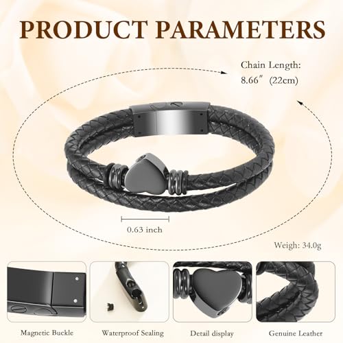 Cremation Jewelry Urn Bracelet for Human Ashes for Women Men Memorial Keepsake Cuff Leather Bracelet Heart