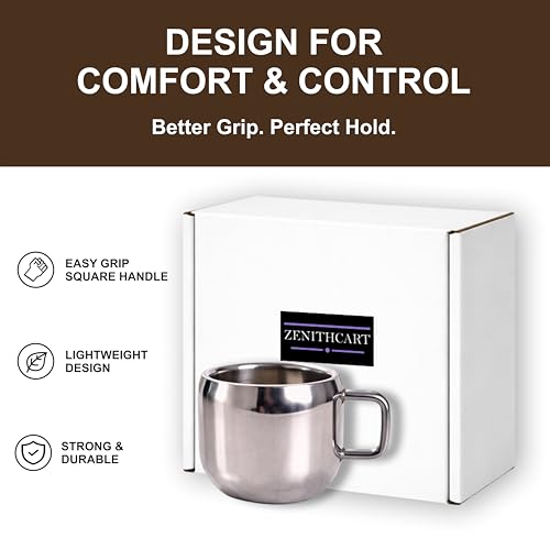 Stainless Steel Tea Cup | Espresso Cups | Chai Coffee Cup | Metal Espresso Cup | Mini Tea Cup | Water Cup For Home or Office- Double Wall (Small Size) | (50 ml Each) | (Set of 6)