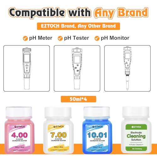 EZTOCH pH calibration buffer solutions in 4.0, 7.0, and 10.01 with green probe cleaning solution