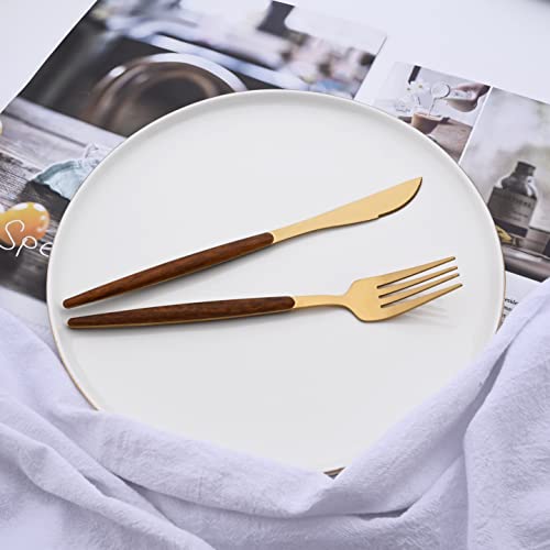 16-Piece Silverware Set with Cake Fork, Gold Stainless Steel Flatware Cutlery Set, Eating Utensils Set with Wooden effect Handle, Include Knife Fork Spoon, Mirror Polished, Dishwasher Safe Brown Gold