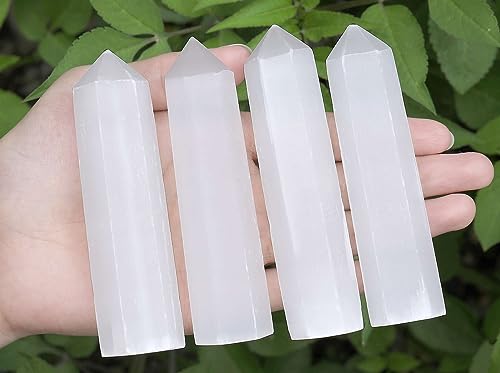 LAIDANLA Selenite Healing Crystals Wands 3.5-4" Natural Reiki Energy Wand Stone Hexagonal Point Obelisk Large Crystal Gemstones for Meditation Therapy Crystal Grid Gifts Decoration 1Pcs G-selenite