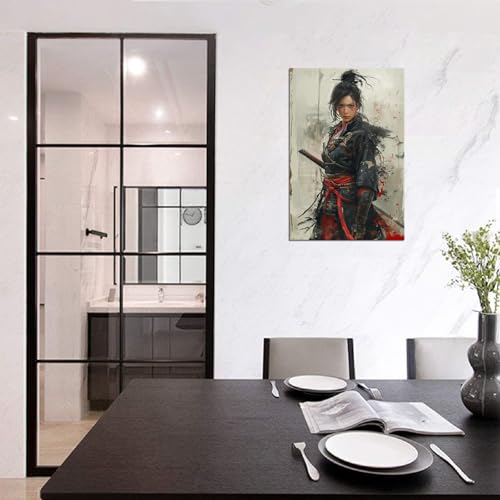 Japanese Female Samurai Wall Art Woman Fight Painting Canvas Prints Warrior Figure Pictures Bushido Posters Japanese Culture Theme Artwork for Bedroom Living Room Decor (18''W x 24''H) 18"L x 24"W Gray Black and Red