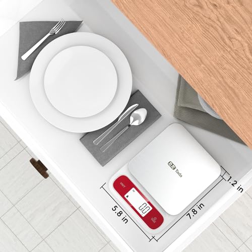 Tada 5kg Food Kitchen Digital Scale with 0.1g Precision IPX6 Waterproof, Type-C Charging, Ounces and Grams for Weight Loss, Cooking, Baking White+Red
