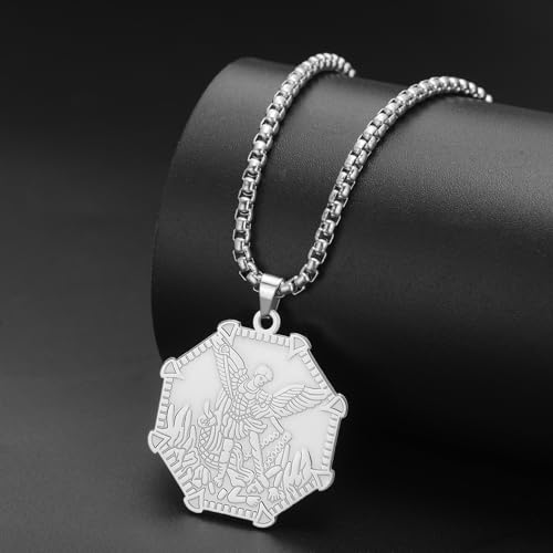 VASSAGO Saint Michael Necklace Stainless Steel Archangel St Michael Pendant Necklace Amulet Medal Jewelry for Protection and Prayer silver-box chain