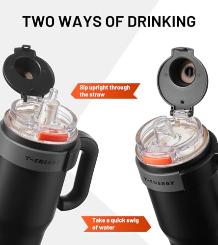 TKK 40 oz Insulated Tumblers with Handle and Straw, Stainless Steel Travel Mug with Ceramic Coating, Leak Proof Double Walled Iced Coffee Cup with Strainer for Hot & Cold Drinks, Black