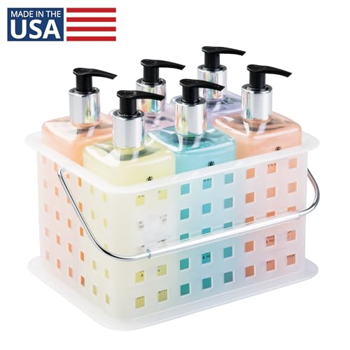 iDesign small clear frost shower caddy with multiple compartments for organizing toiletries in the bathroom.