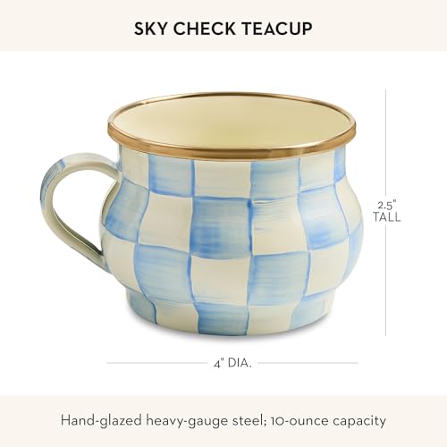 MACKENZIE-CHILDS Enamel Teacup, Unique Coffee and Tea Mug, Enamel Cup for Hot Tea, 10 Ounces, Light-Blue-and-White Sky Check