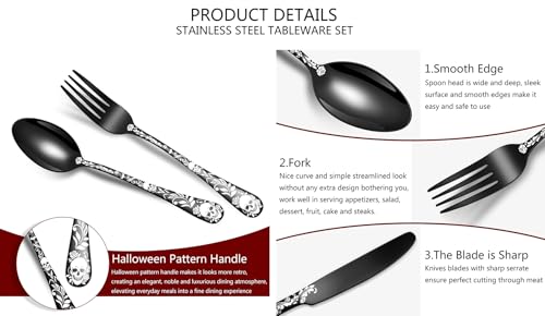 XIAOYU 20 Piece Halloween Skeleton Tableware Silverware Set, Metal Flatware Set Service for 4, Gothic Unique Skull Flower Pattern Design, Skeleton Utensil Cutlery Set for Halloween Easter Christmas Black