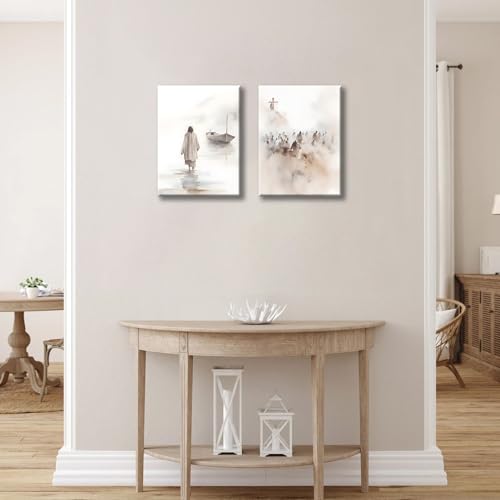2pcs Framed Jesus Christ Walking Water Scenes Wall Art Christian 12x16in White 12x16 in