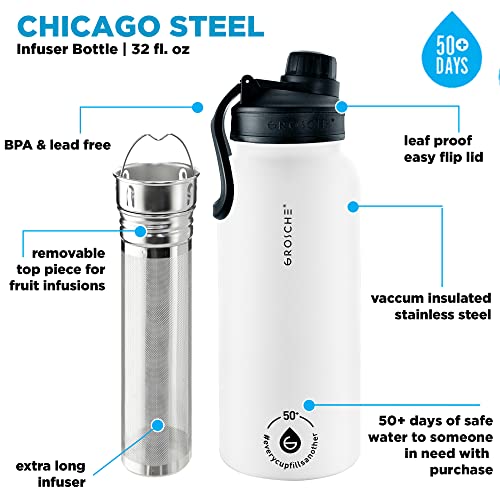 GROSCHE Chicago Steel Vacuum Insulated Tea Infuser Bottle, White, 32 fl oz 16 Ounces