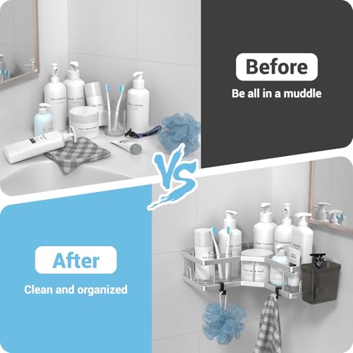 AKTECKE Corner Shower Caddy Shelf Rack: 2 Pack Adhesive Shower Organizer Essentials - No Drilling Stainless Steel Bathroom Storage Rack with Hooks and Toothpaste Holder bright silver 9.6"×9.6"×2.6"