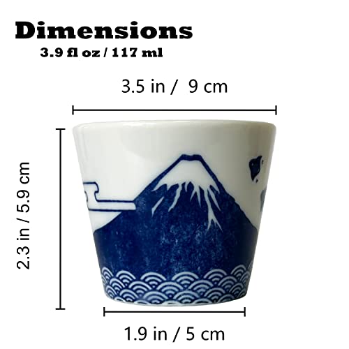Japanese Sake Cups Set of 2- Sakura and Mt. Fuji Design, Indigo Color Pottery, 3.9 fl oz, For Cold and Hot Drink, Soup Cup Aperitif Tea Cup with Gift Box