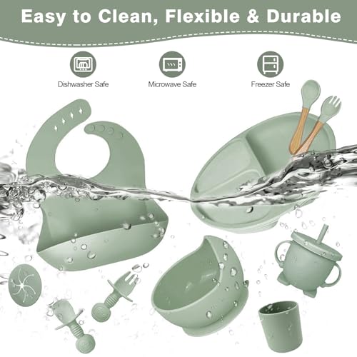 Silicone Baby Feeding Set, Toddler Feeding Set 12 Pcs, Suction Bowl and Baby Plate, Silicone Bib,Spoon,Fork & Sippy Cup,BPA Free Weaning Set, Baby Cutlery,Baby Gifts & Presents (Green) Green