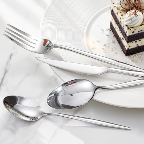Set of 20-piece stainless steel flatware by KINGSTONE, including forks, knives, and spoons for four people.