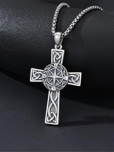 Seiyang Celtic Knot Cross Pendant Necklace for Women Men 925 Sterling Silver Four Leaf Clover/Claddagh/Celtic Heart/Compass/Pentagram Necklace Elegant Faith Cross Jewelry Gift for Birthday Christmas 06-Compass