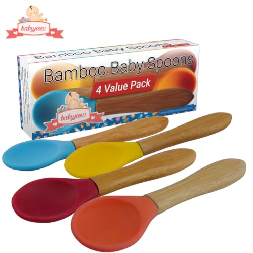 Bamboo Baby Spoons 4 PACK - Toddler Weaning Spoon - Bamboo Handle Silicone Soft Tip Spoon 5.5” Toddlers Weaning Baby Food Utensil - Mom Baby Travel Spoonset 4 Pack [MULTICOLOR]