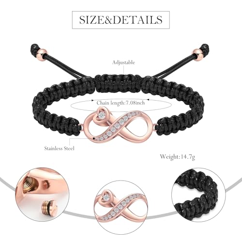 Infinity Urn Bracelet for Ashes Cremation Jewelry Stainless Steel Adjustable Braided Rope Bracelets Memorial Bangles Ash Holder for Human Pets Keepsake Jewelry for Loved Ones with Fill Tool Rose Gold