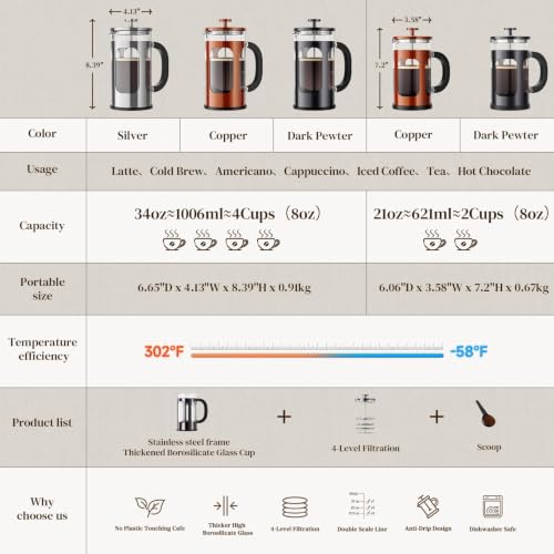 Veken French Press Coffee Maker, No Plastic Touching Cafe,34oz 1 L Cafetera Dark Pewter 34oz