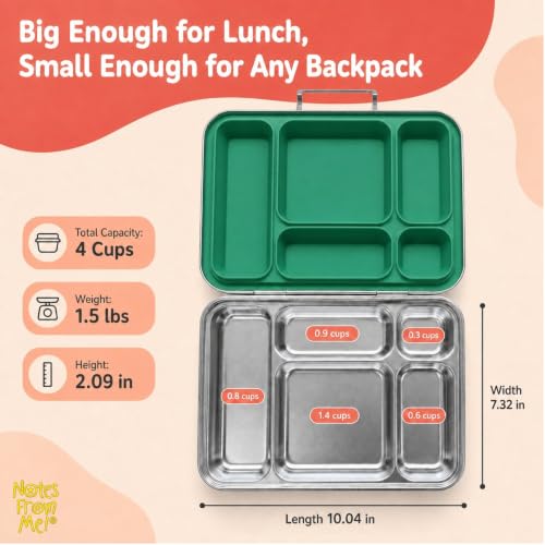 Stainless Steel Bento Lunch Box for Kids – 5 Leakproof Compartments, Food-Grade 304 Steel, Plastic-Free BPA-Free Kids Bento Box for School, Daycare & Travel - Green