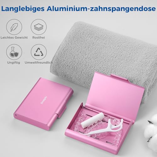 Aluminium Braces Box, Tooth Splint Box, Compatible with Invisalign, Portable Partial Denture Box, Lightweight, Durable and Easy to Clean Braces Box, Pink