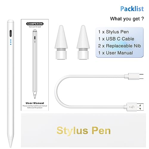 [Australia - AusPower] - Stylus Pen for iPad, 5min Fast Charge Pencil for iPad/Pro/Air/Min 2018-2024, Pen for iPad with Tilt Sensitive& Palm Rejection& Magnetic for Professional Drawing, Writing, Working (White) WHITE 