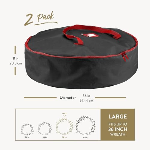 ZOBER 2 Pack Oxford Christmas Wreath Storage Container 36 Inch - Wreath Bag for Artificial Wreaths Box - Waterproof Fabric, Dual Zippered Wreaths Storage Bag With Strong Durable Handles - Black