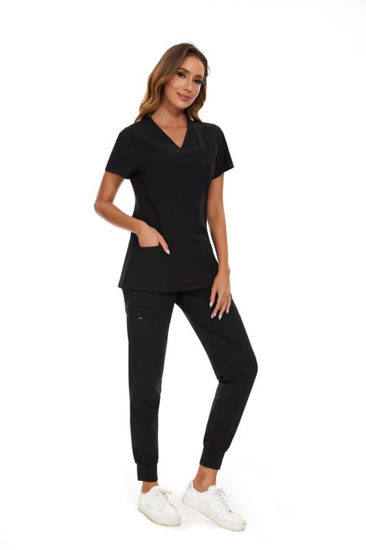 [Australia - AusPower] - Scrubs for Women Set - Stretch V-Neck Scrub Top & Jogger Pant with 8 Pockets Black Medium 