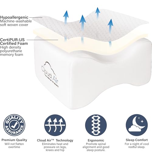 Vaunn Medical Cloud Air Side Sleeper Memory Foam Knee Pillow and Leg Positioner Cushion to Soothe Back, Leg and Hip Discomfort