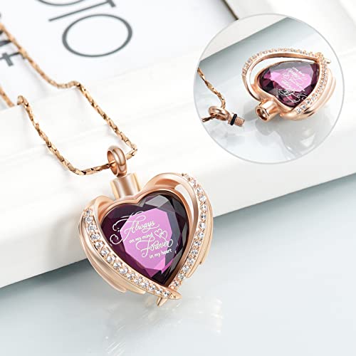 Cremation Jewelry for Ashes Pendant - Crystal Heart Urn Necklace with Mini Keepsake Urn Memorial Ash Jewelry Always-Rose Gold-Purple