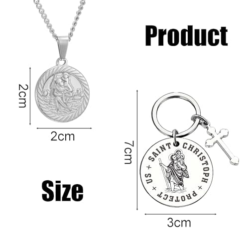2PCS St Christopher Pendant, St Christopher Keyring, St Christopher Necklace for Men with Keyring, Saint Christopher Pendant, Travel Protection Gift for Men and Women