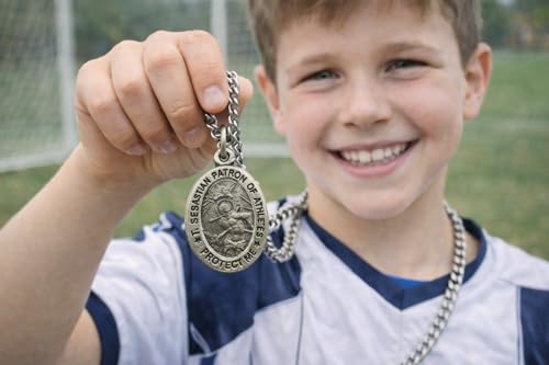Westmon Works St Sebastian Soccer Medal Set with Pewter Pendant Medallion on a Stainless Steel Chain Prayer Card Boxed