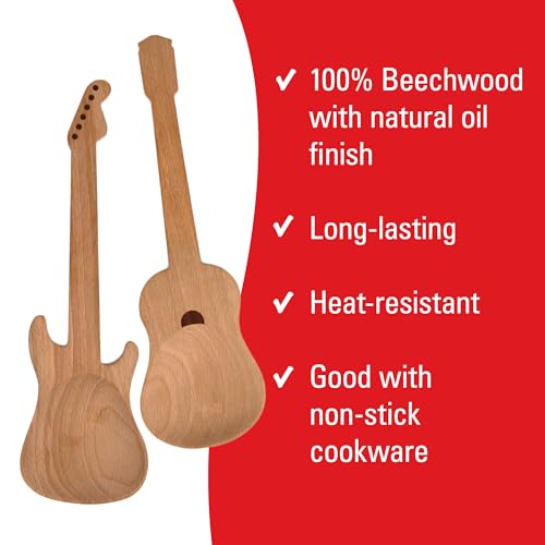 Kikkerland Set of Two Novelty Guitar Wooden Spoons for Kitchen – Beechwood, Heat Resistant, Use with Non-Stick Cookware – Unique Gift for Music Lovers and Cooking Enthusiasts Rockin' Spoons