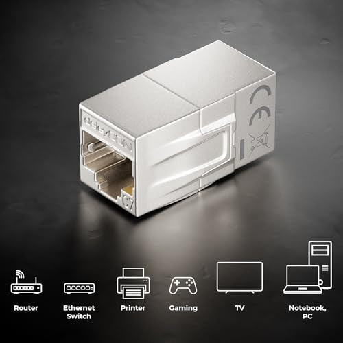 deleyCON RJ45 Coupling CAT 7 10Gbps 600 MHz Metal, Pack of 4, Silver | Connector CAT7 Extension, Ethernet Adapter, Compatible with Cat8 Cat7 Cat6 Cat5, Patch Cable, LAN DSL POE, 2x RJ45 Female 4 pieces