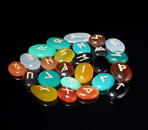 Crocon Assorted Onyx Crystal Rune Stone 25 pcs with Elder Futhark Alphabet Handmade- Mix Colors