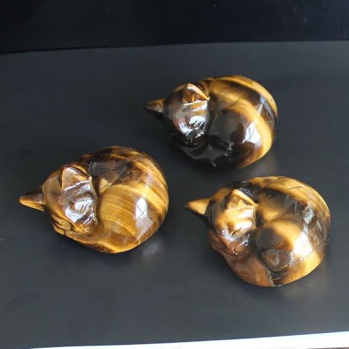 Hand Carved Gemstone Crystal Sleeping cat Figurine Animal Statue Carving Office Office Home Decor 2'' (Gold Tiger Eye) Gold Tiger Eye