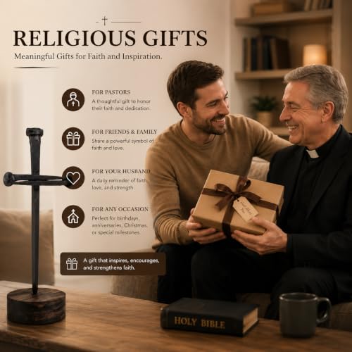 Handmade Iron Cross Decor, 3 Nails Crucifix Cross Statue, Christian Religious Gifts for Men Women, Jesus Cross Tabletop Display, Baptism Gift for Pastor Church Office Home Decoration